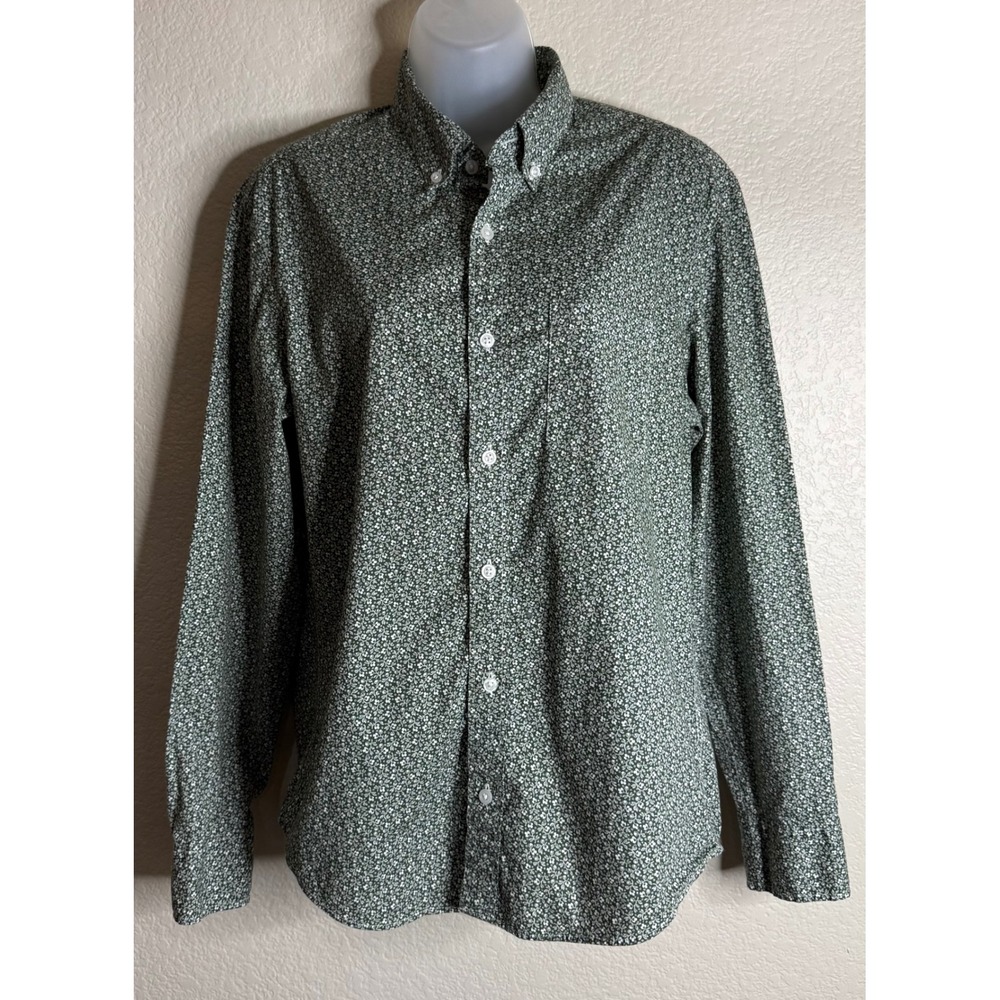 J.Crew M Button Down Shirt Green Floral Slim Untucked Flex Washed Long Sleeve